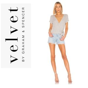 Velvet “Bitsie” ribbed faux wrap top in heather grey!